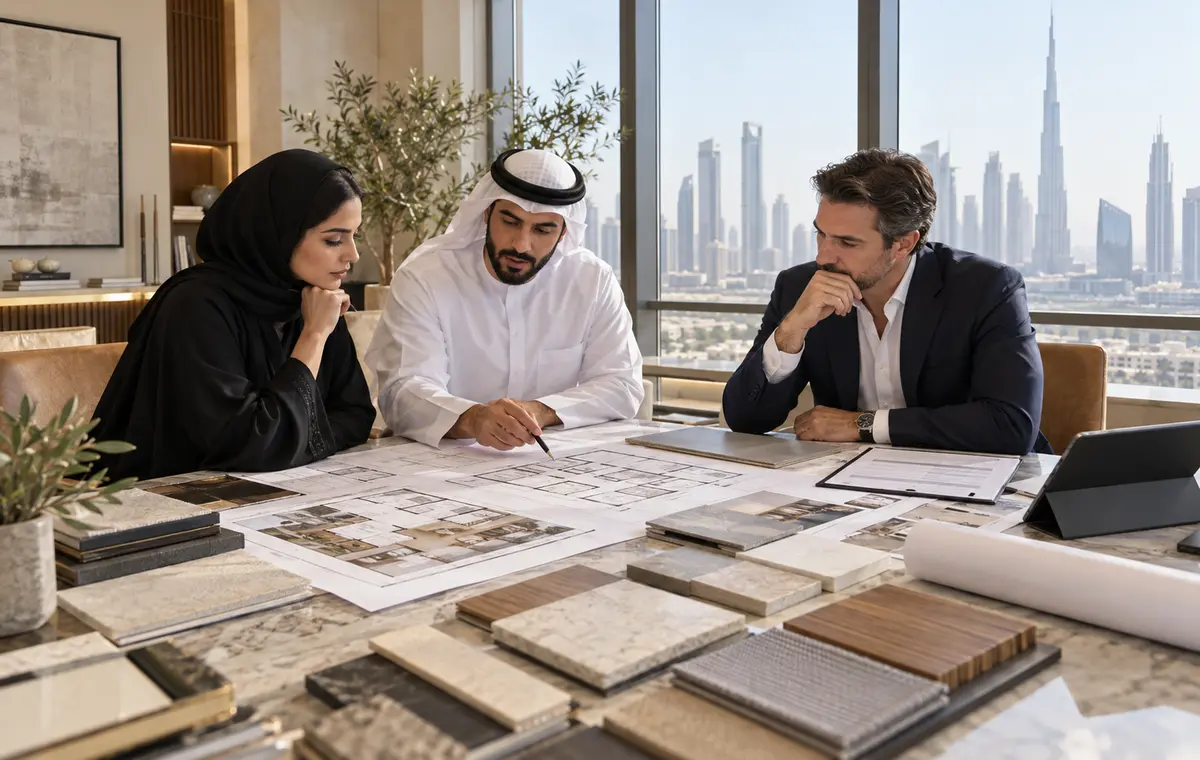 Dubai client team comparing interior design company proposals, drawings and material samples