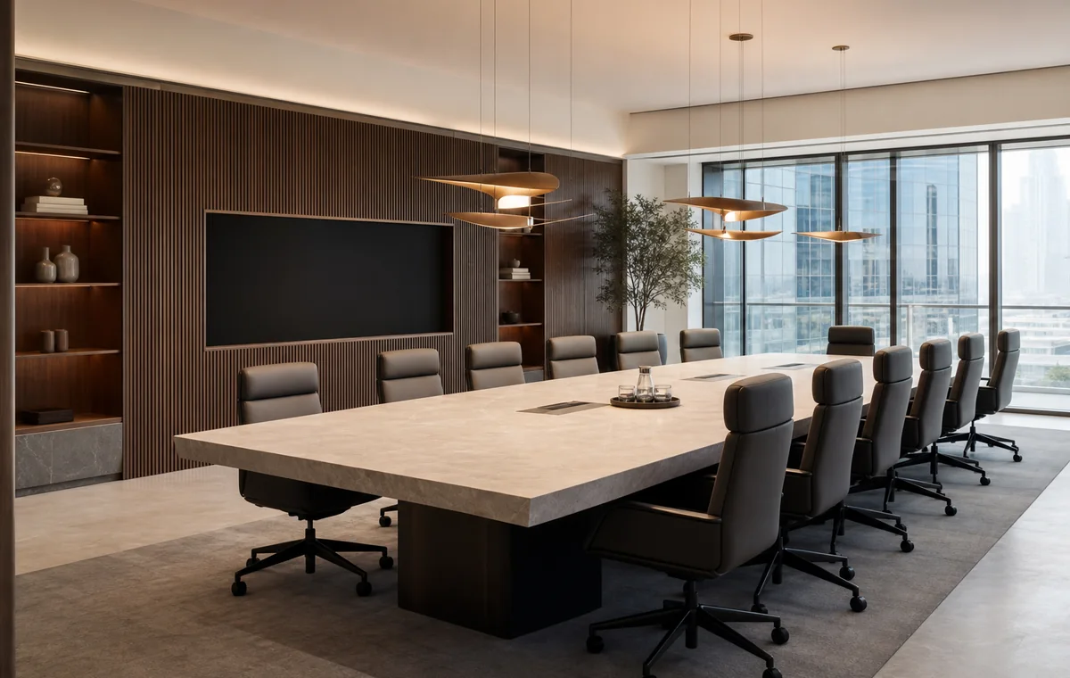 Premium executive boardroom representing a completed Business Bay office fit-out in Dubai