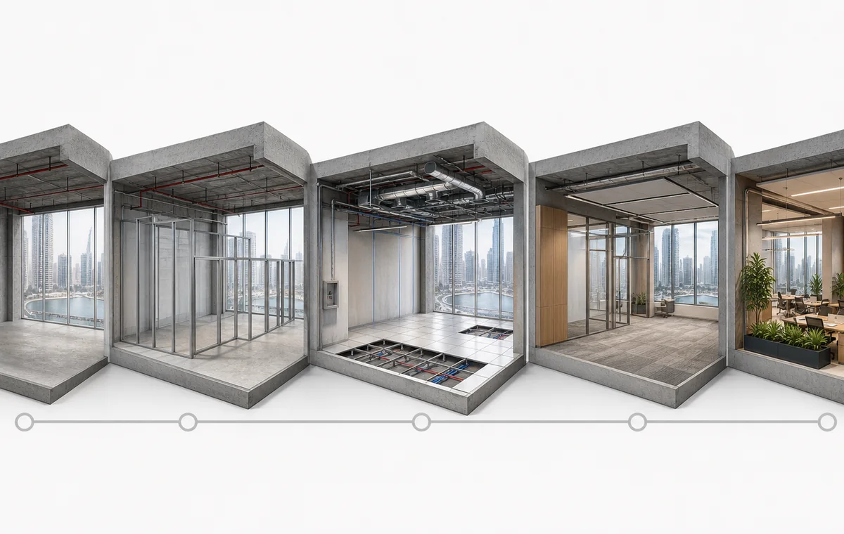 Five-stage architectural render showing a Business Bay office progressing from empty shell through services and finishes to completed handover