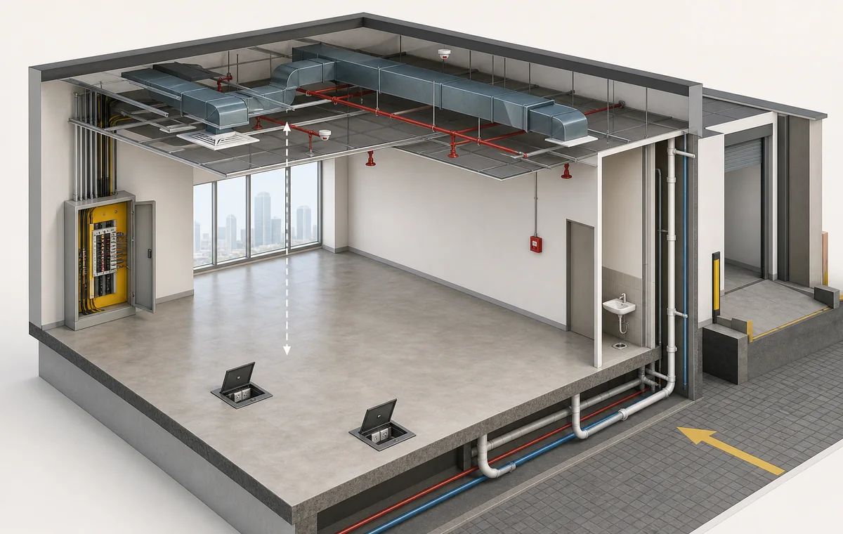 Isometric commercial unit showing electrical HVAC plumbing fire protection ceiling and access systems to inspect before signing a Dubai lease