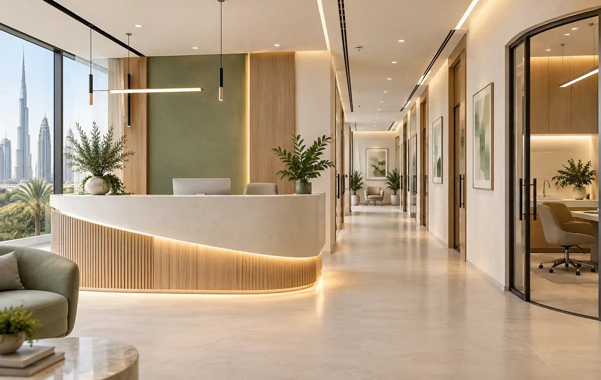 Dubai clinic reception and consultation-room corridor for DHA fit-out approval planning