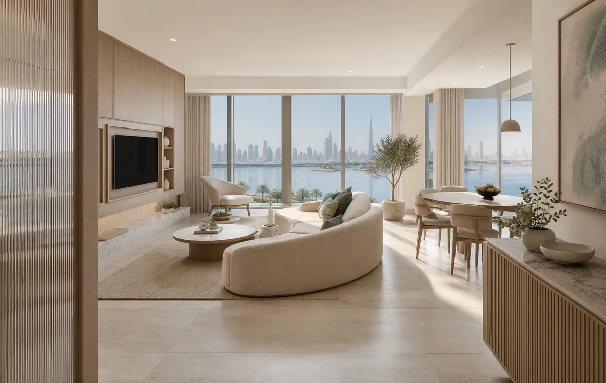 Bright waterfront apartment interior in Dubai Creek Harbour with curved seating and integrated storage