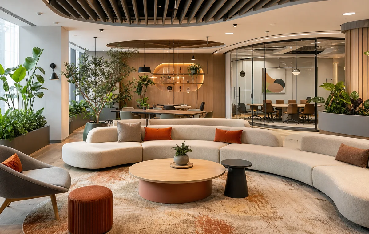 Modern Dubai office lounge with collaborative seating biophilic elements and flexible meeting spaces