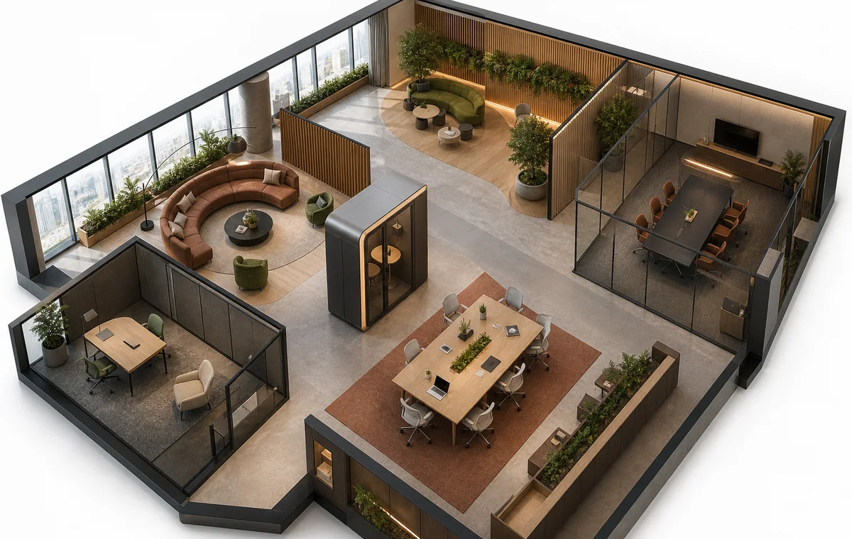 Isometric Dubai office design showing collaboration focus phone booth project table wellness and formal meeting zones