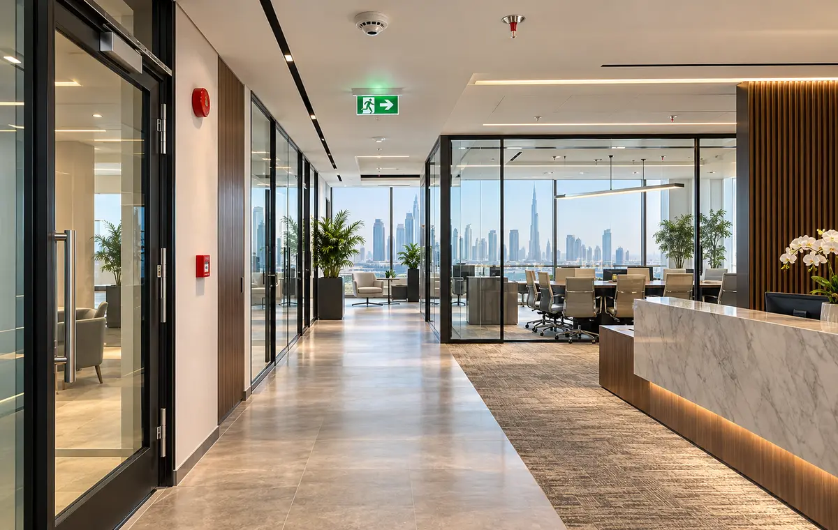 Dubai commercial fit-out fire and life safety coordination with exit route, alarm and sprinkler systems