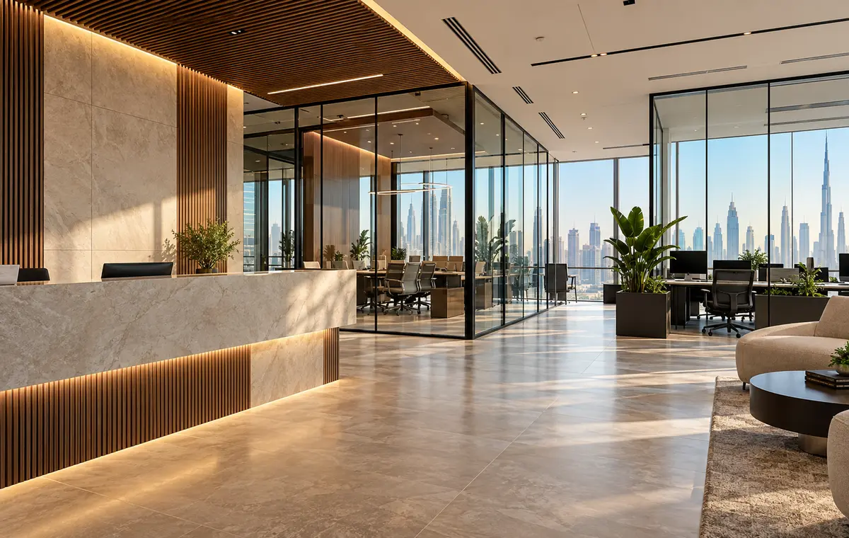 Premium Grade A office fit-out in Dubai with reception, meeting rooms and skyline views