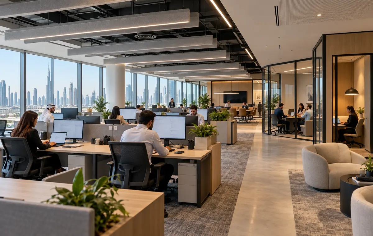 High-density Dubai office fit-out with focused workstations, meeting rooms and coordinated ceiling services
