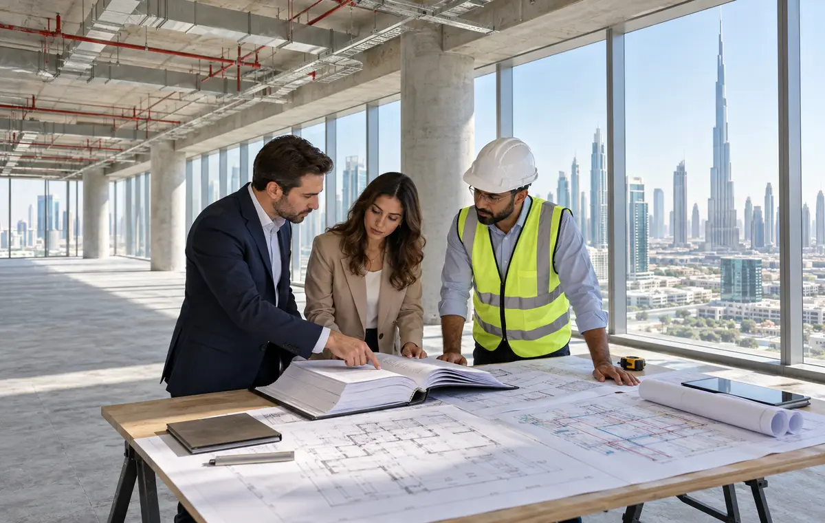 Dubai commercial tenant reviewing landlord fit-out manual with drawings and material samples