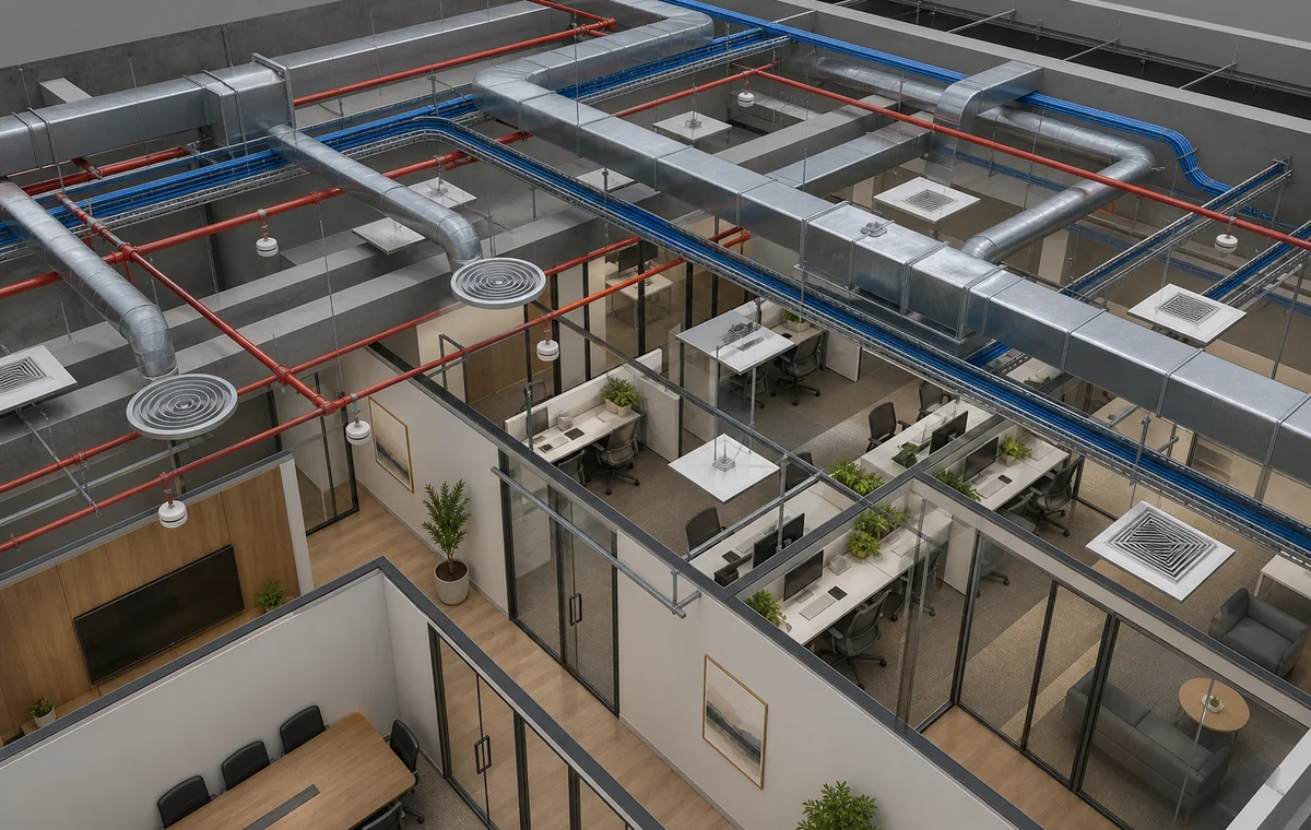 Cutaway BIM style render showing coordinated HVAC electrical data and fire services above a completed Dubai office