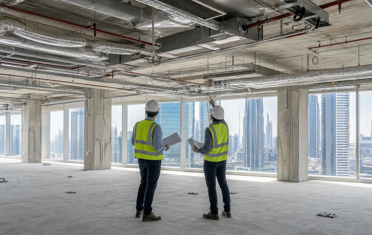 Engineers surveying exposed HVAC electrical and fire services in a Dubai commercial office before fit-out
