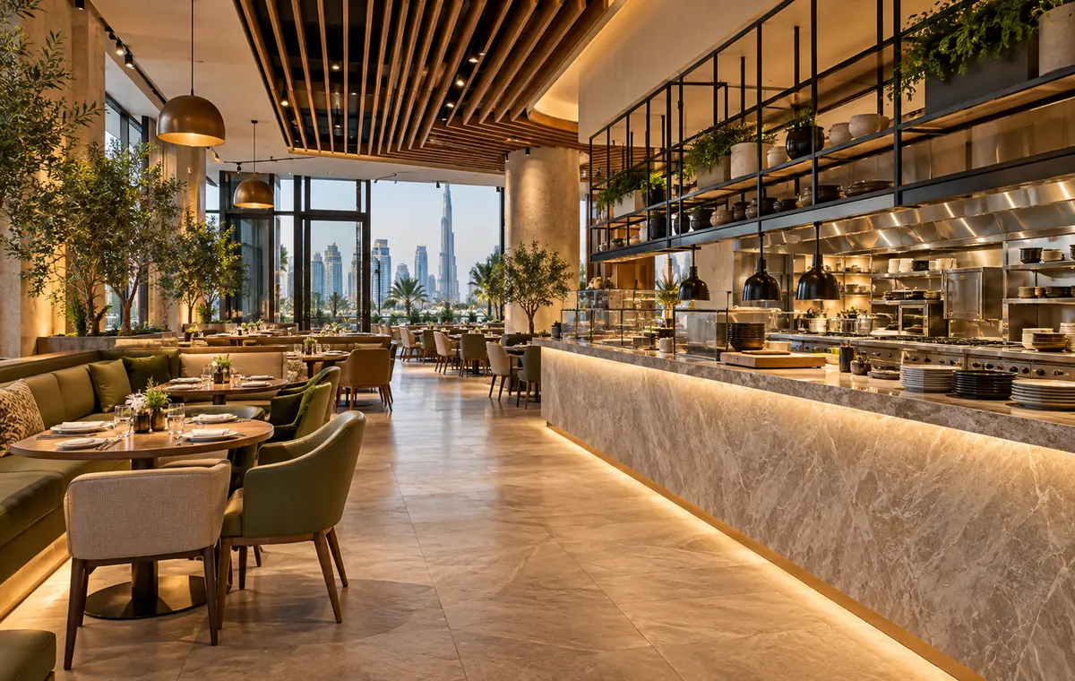 Dubai restaurant fit-out feasibility scene with dining area, service counter and kitchen interface