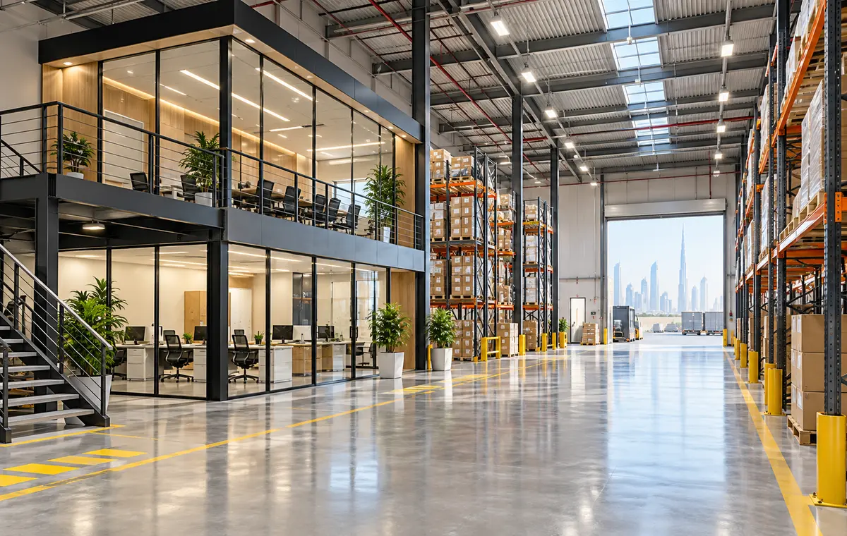 Dubai warehouse office fit-out with mezzanine office pod, racking, LED lighting and safe circulation